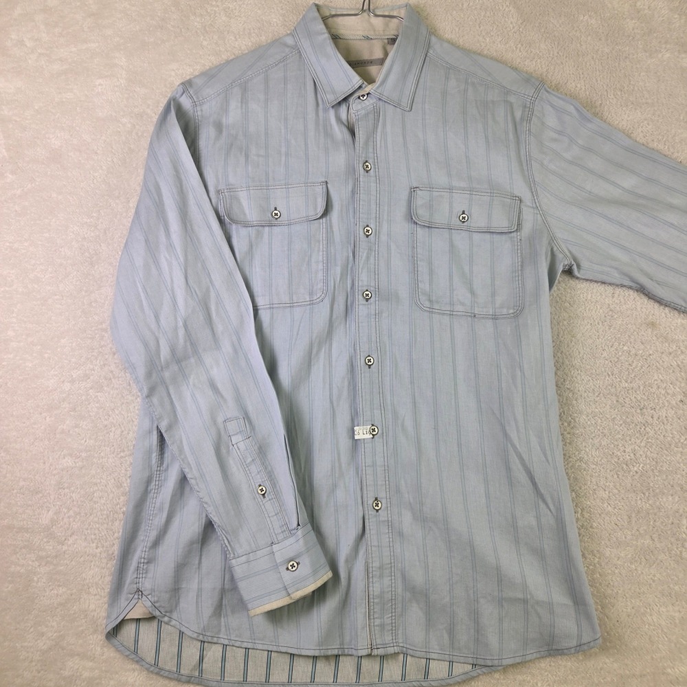 7 Diamonds Mens Small Light Blue Striped Long Sleeve Button Down Shirt Pockets